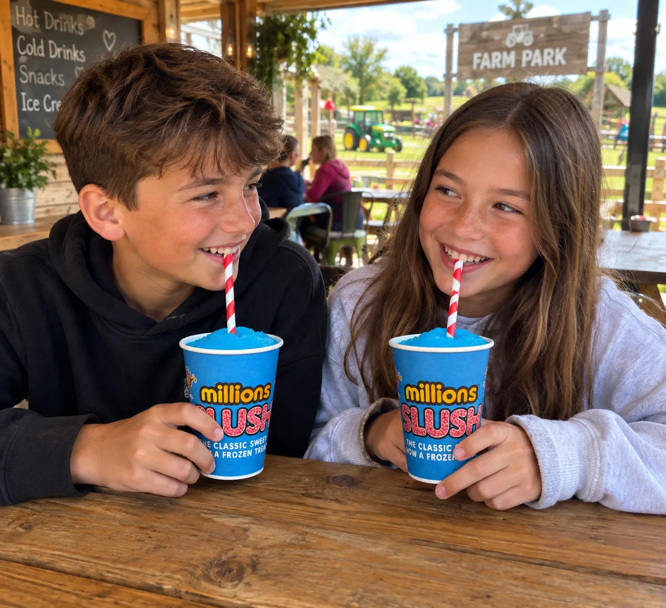 Kids enjoying Millions Slush at a farm park